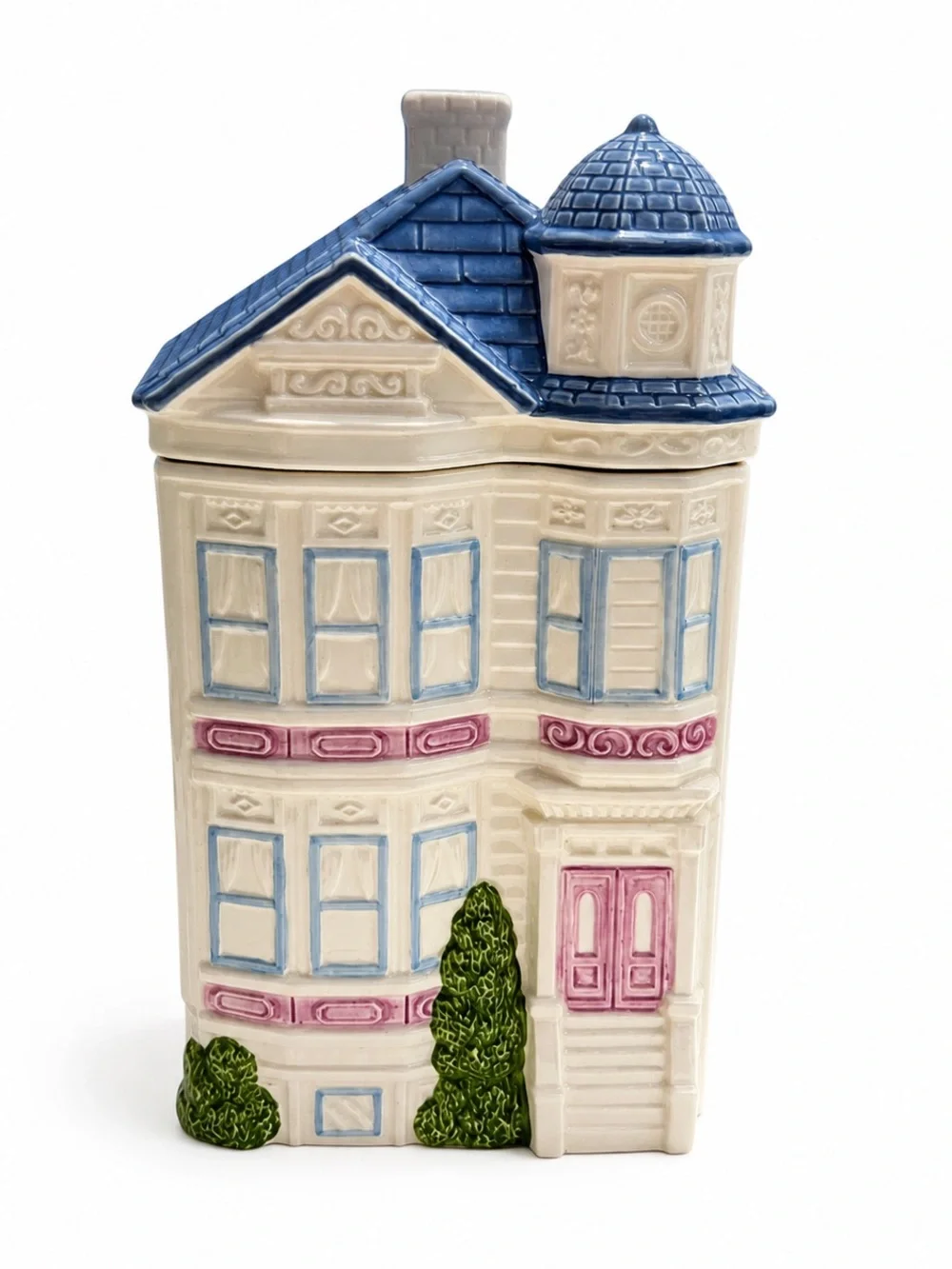 Vintage 1988 Hearth & Home Ceramic House Canister Set Blue Pink 7 Piece Kitchen